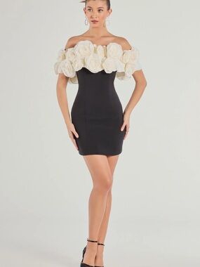 Black Strapless Mini Dress with Cream rosette Trim